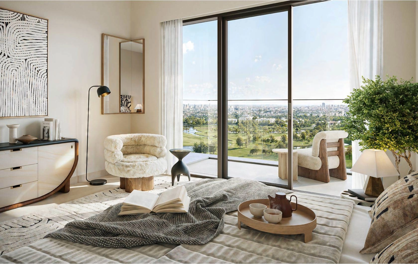 Open-plan interior in Albero with minimalist décor and earth-toned palette